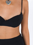 Black matching set Bralette style top Adjustable shoulder straps Wired cups Padded cups Elasticated band  Mini skirt Invisible zip fastening at side