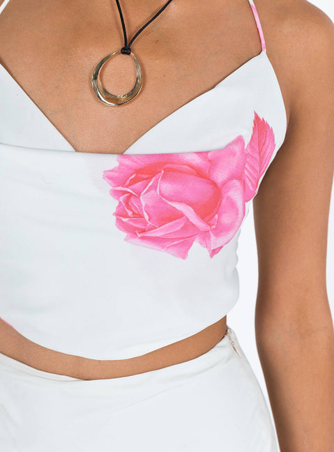 Two piece set Halter top Cowl neck Open back Tie fastening at neck and back Maxi skirt Invisible zip fastening at side