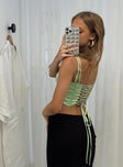 Front view of model wearing  front Princess Polly Sleeveless Square Neck  Zora Satin Top Green