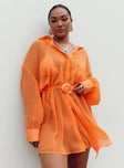 Front view of model wearing  front Princess Polly V-Neck  Hennie Long Sleeve Mini Dress Orange