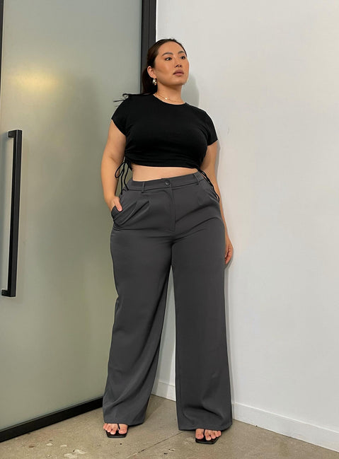 side view of model wearing Princess Polly Archer Pants Slate Curve 