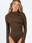 back view of model wearing Princess Polly Cetrone Long Sleeve Bodysuit Brown Full Sleeves High Neck 