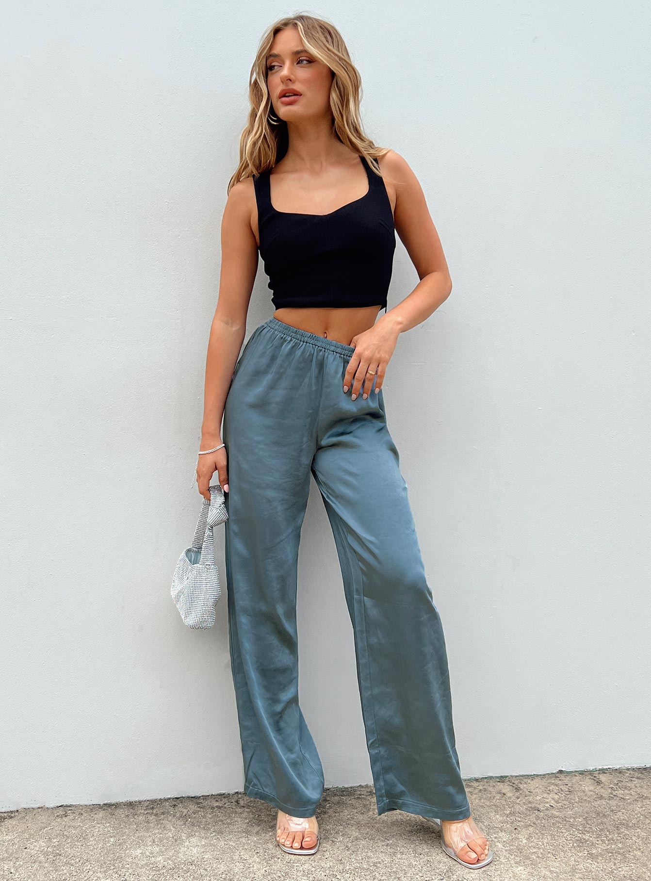 Front view of model wearing  front Princess Polly High Waisted Pants  Nixie Pants Slate