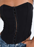 Black corset top Inner silicone strip at bust  Boning throughout  Hook and eye front fastening  Good stretch  Fully lined 