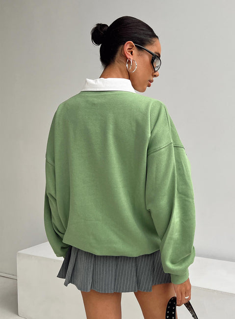 back view of model wearing Princess Polly Princess Polly Crew Neck Sweatshirt Collegiate Text Green 