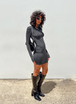 Front view of model wearing  front Princess Polly High Neck  Analisa Long Sleeve Mini Dress Slate