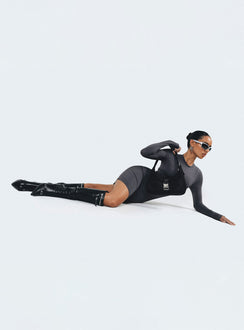 Front view of model wearing  front Princess Polly Asymmetric Neckline  Neve Long Sleeve Mini Dress Slate