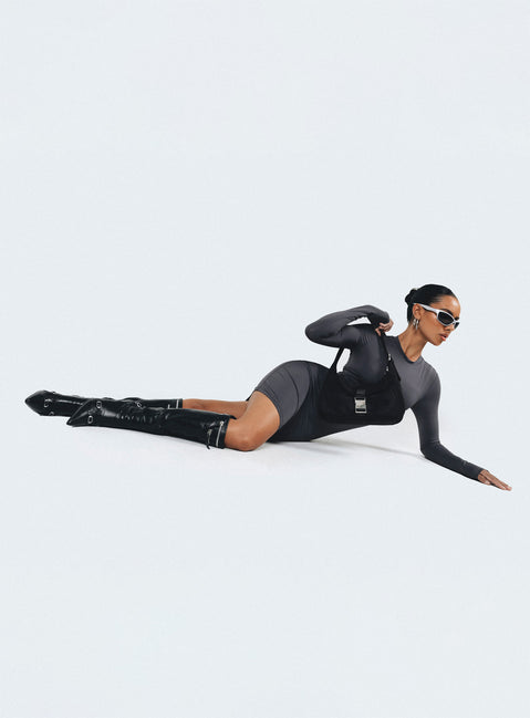 Front view of model wearing  front Princess Polly Asymmetric Neckline  Neve Long Sleeve Mini Dress Slate