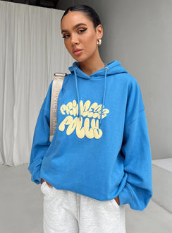 front view of model wearing Princess Polly Princess Polly Hooded Sweatshirt Bubble Text Blue / Yellow Long 