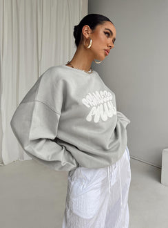 side view of model wearing Princess Polly Princess Polly Crew Neck Sweatshirt Bubble Text Grey / Cloud White Long 
