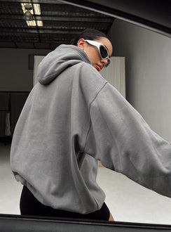 back view of model wearing Princess Polly Princess Polly Hooded Sweatshirt Bubble Text Charcoal / Light Pink Long 