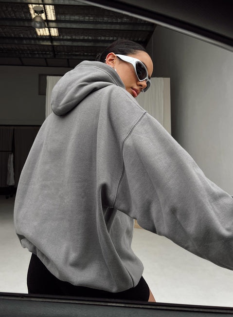 back view of model wearing Princess Polly Princess Polly Hooded Sweatshirt Bubble Text Charcoal / Light Pink Long 