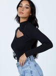 side view of model wearing Princess Polly Azalea Long Sleeve Bodysuit Black Full Sleeves High Neck 