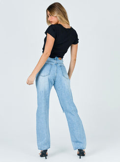back view of model wearing Princess Polly Fairmount Straight Leg Jean Light Wash Denim Low Rise Jeans 