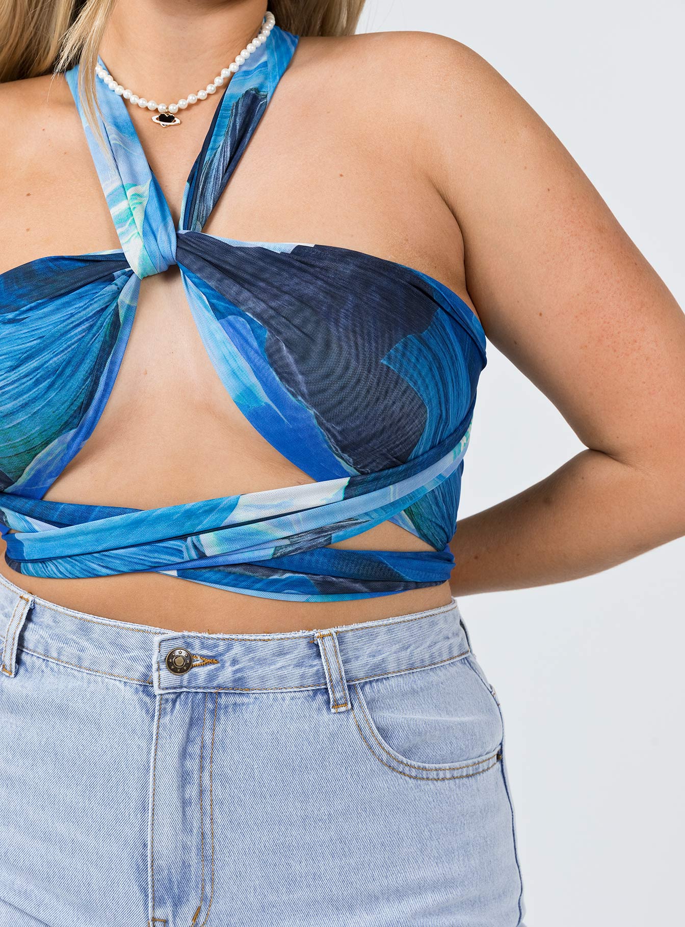 back view of model wearing Princess Polly Atkins Top Blue 