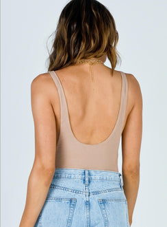 back view of model wearing Princess Polly Yolando Bodysuit Beige Sleeveless Scoop Neck 