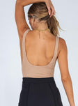 back view of model wearing Princess Polly Cartia Bodysuit Beige Sleeveless Scoop Neck 