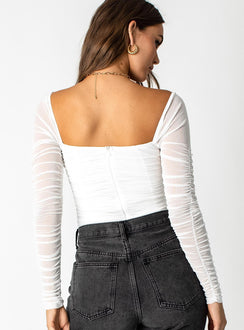 back view of model wearing Princess Polly Delany Bodysuit White Full Sleeves Square Neck 