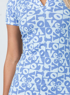 back view of model wearing Princess Polly Motel Jeeves Dress Love Checker Blue 