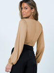 back view of model wearing Princess Polly Jude Long Sleeve Bodysuit Beige Full Sleeves Plunger 