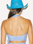 back view of model wearing Princess Polly High Vibrations PU Top Blue 