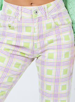 product Princess Polly The Ragged Priest Trail Denim Jeans Green Check Mid Rise 