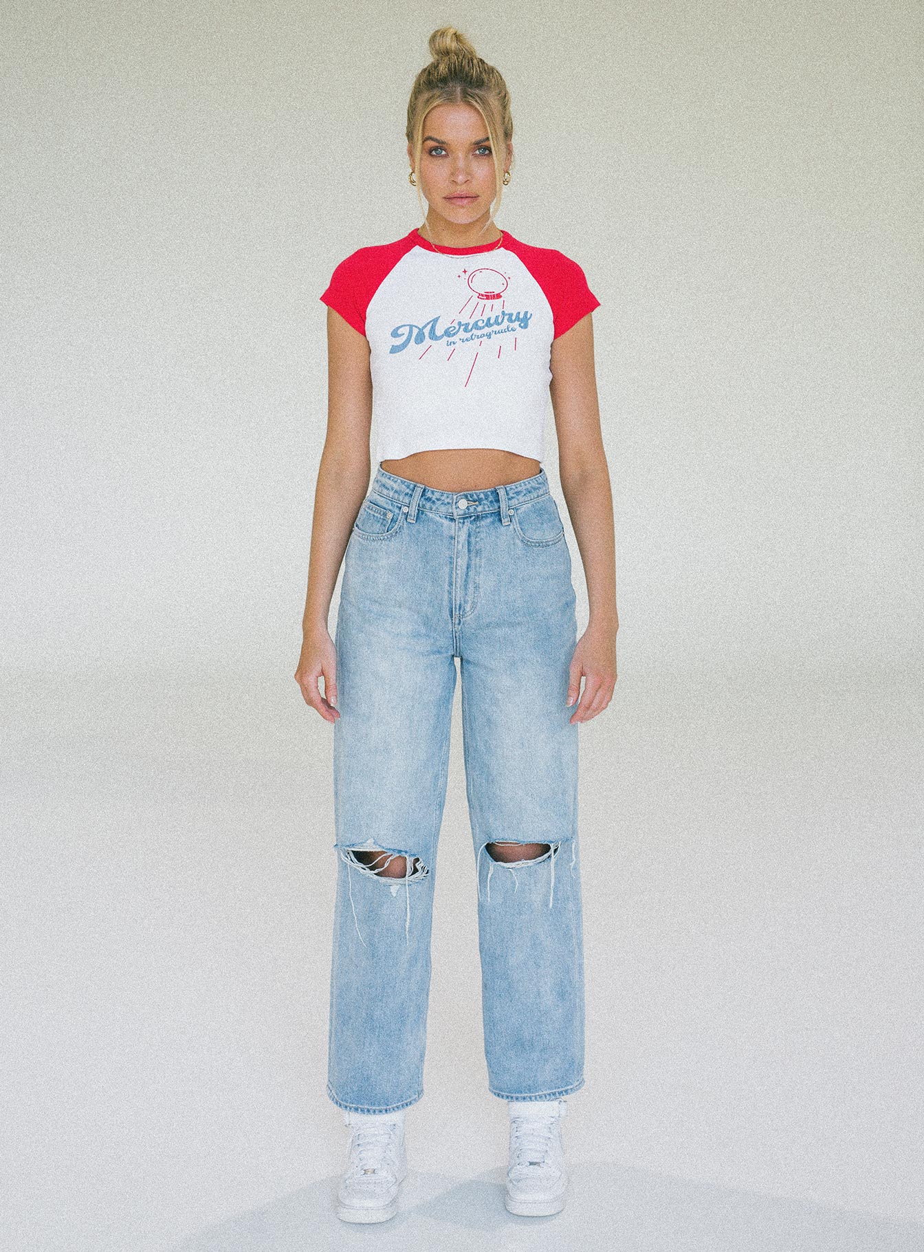 side view of model wearing Princess Polly Jagger & Stone The Mercury In Retrograde Mini Tee 