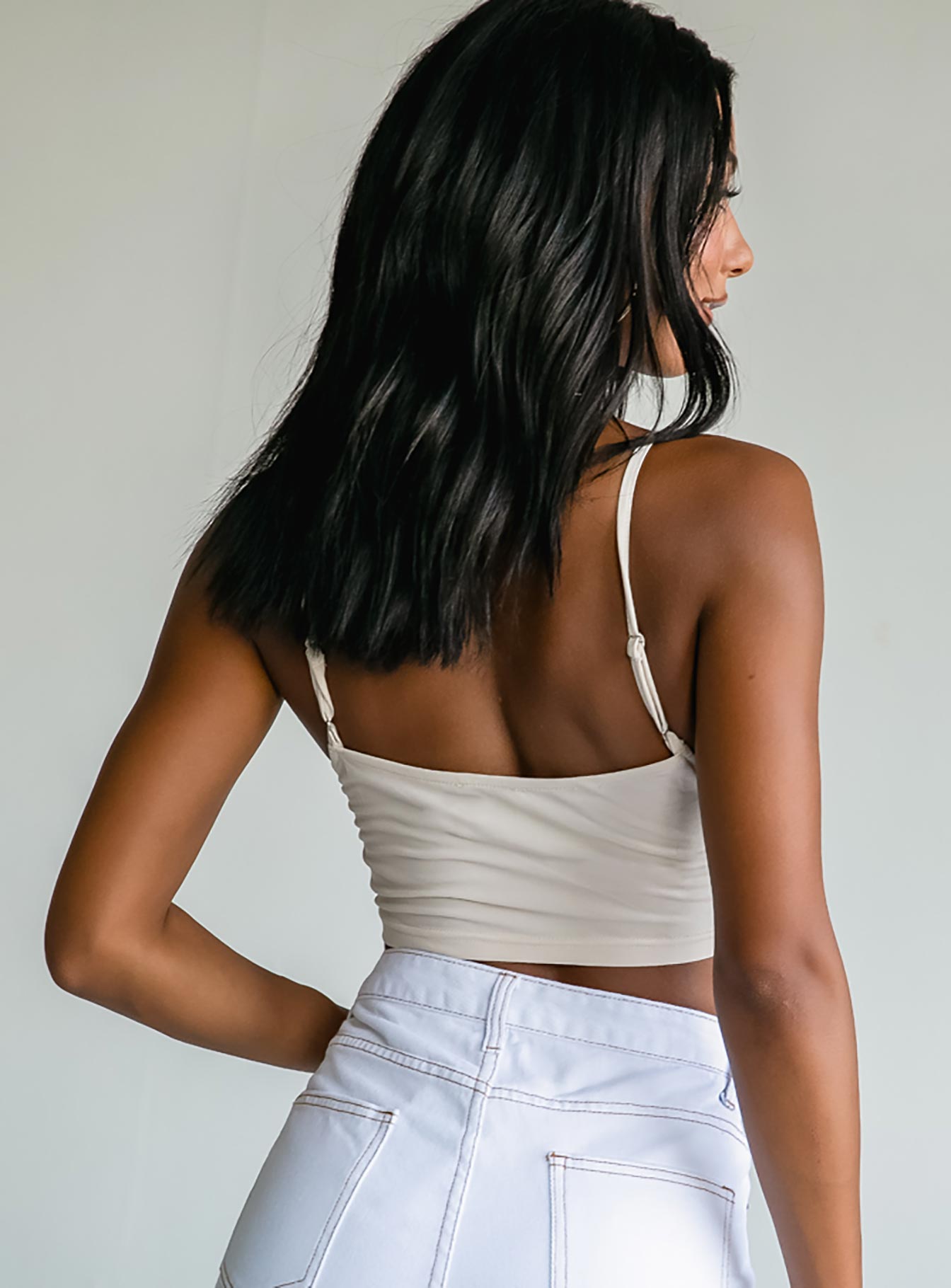 back view of model wearing Princess Polly Adrienne Top Beige 