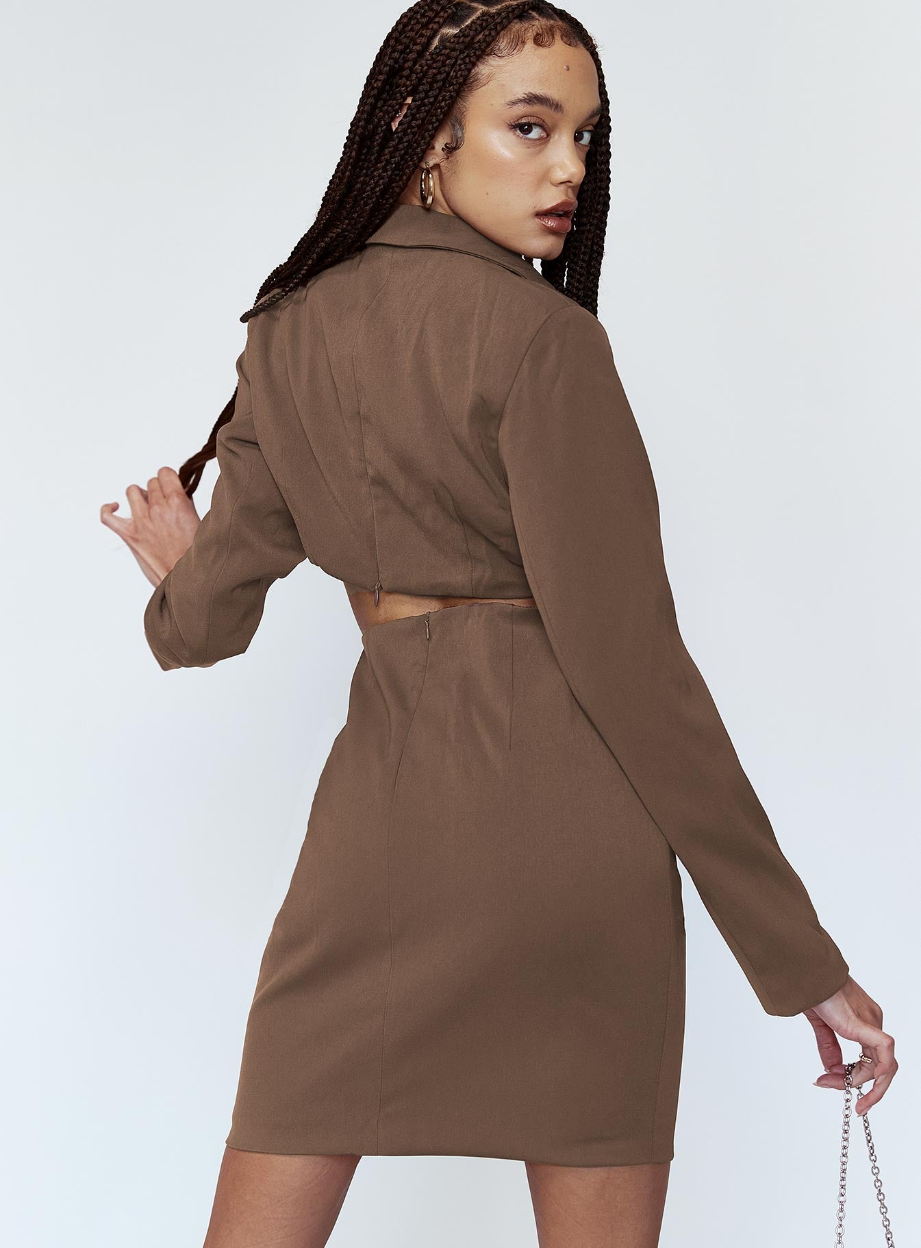back view of model wearing Princess Polly Celeste Mini Dress Brown 