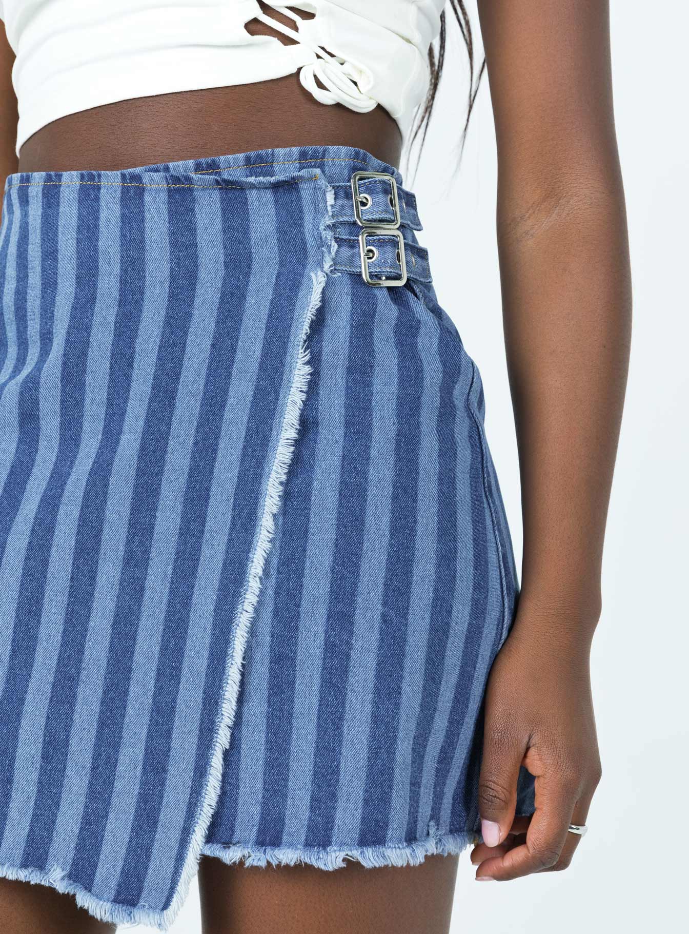 back view of model wearing Princess Polly Ariyah Wrap Denim Mini Skirt 