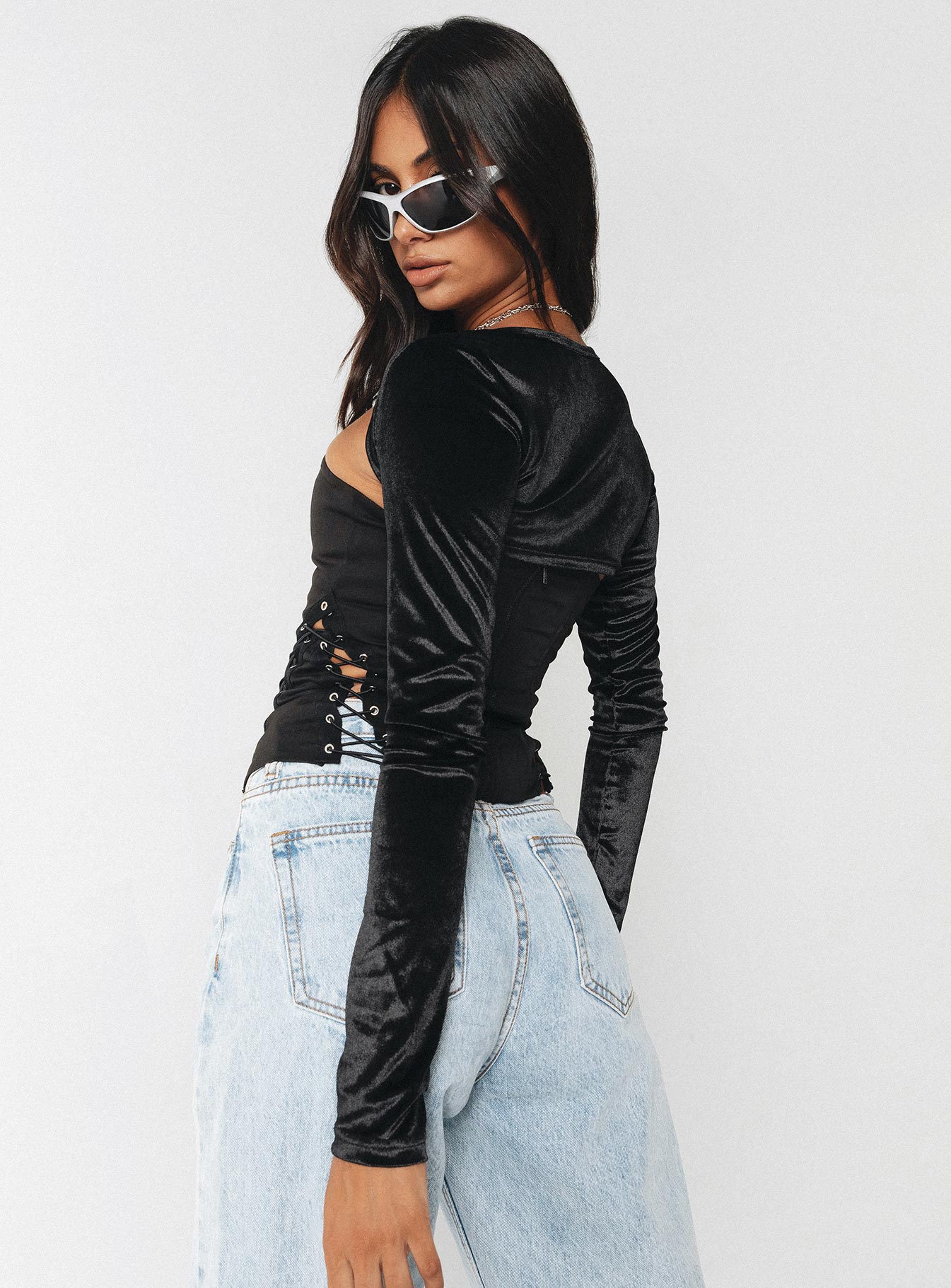 product Princess Polly Full Sleeves Plunger  Doreene Velour Bolero Black