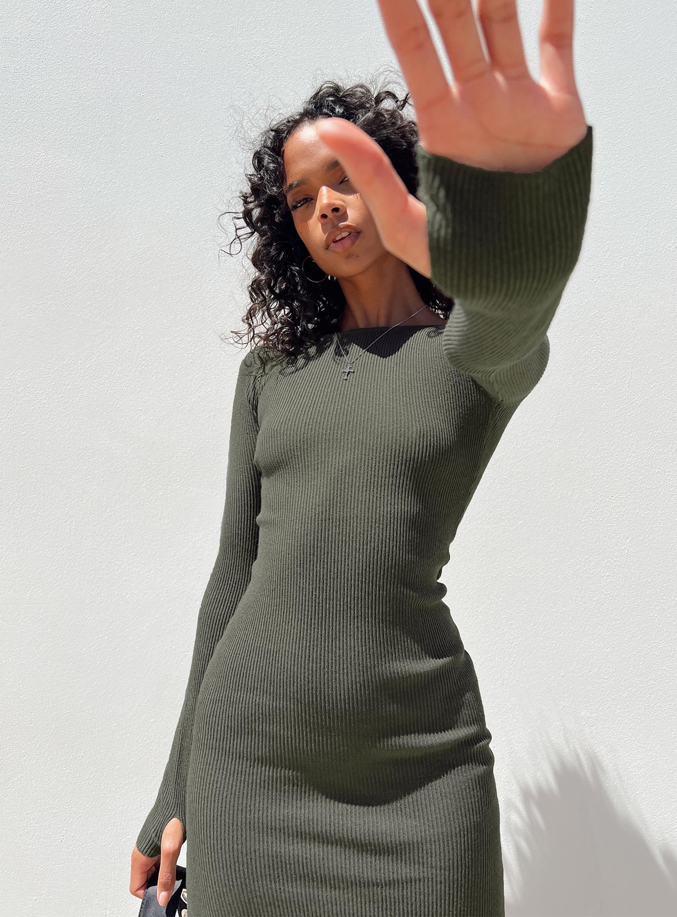 product Princess Polly High Neck High Neck  Karim Ribbed Knit Maxi Dress Khaki