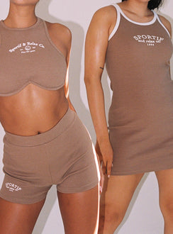 back view of model wearing Princess Polly Cheerleader Mini Dress Brown 