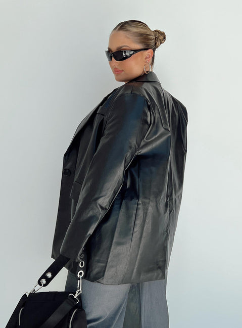 Black blazer Faux leather material Twin front pockets Padded shoulders Fully lined