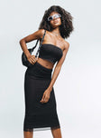 Black matching set Mesh material Strapless top Inner silicone trip at bust Maxi skirt Thin elasticated waistband Lettuce edge hem