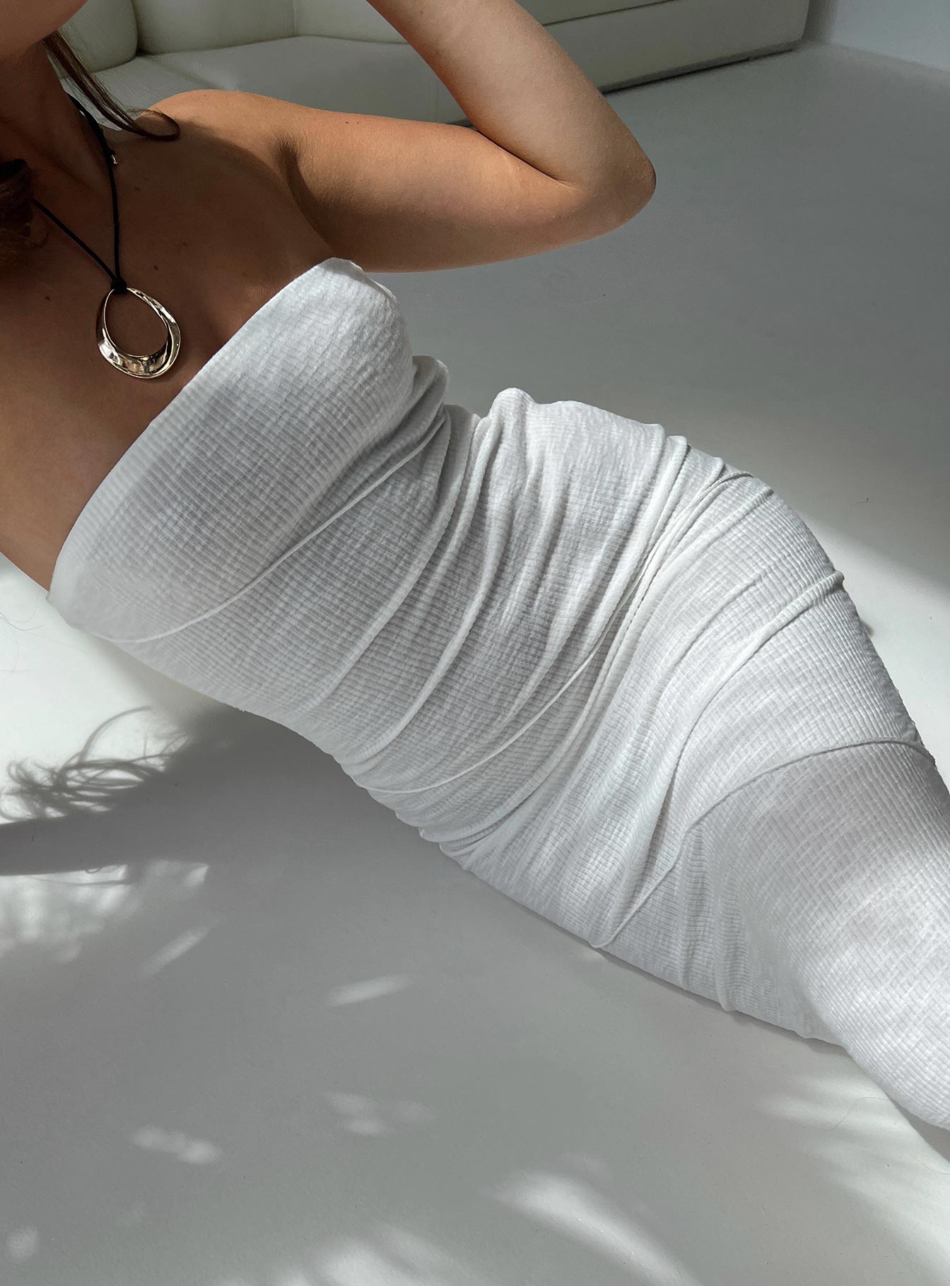 Front view of model wearing  front Princess Polly High Neck  Oscar Midi Dress White Petite