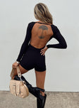 Long sleeve romper Ribbed material Square neckline Adjustable strap at back of neck Low back