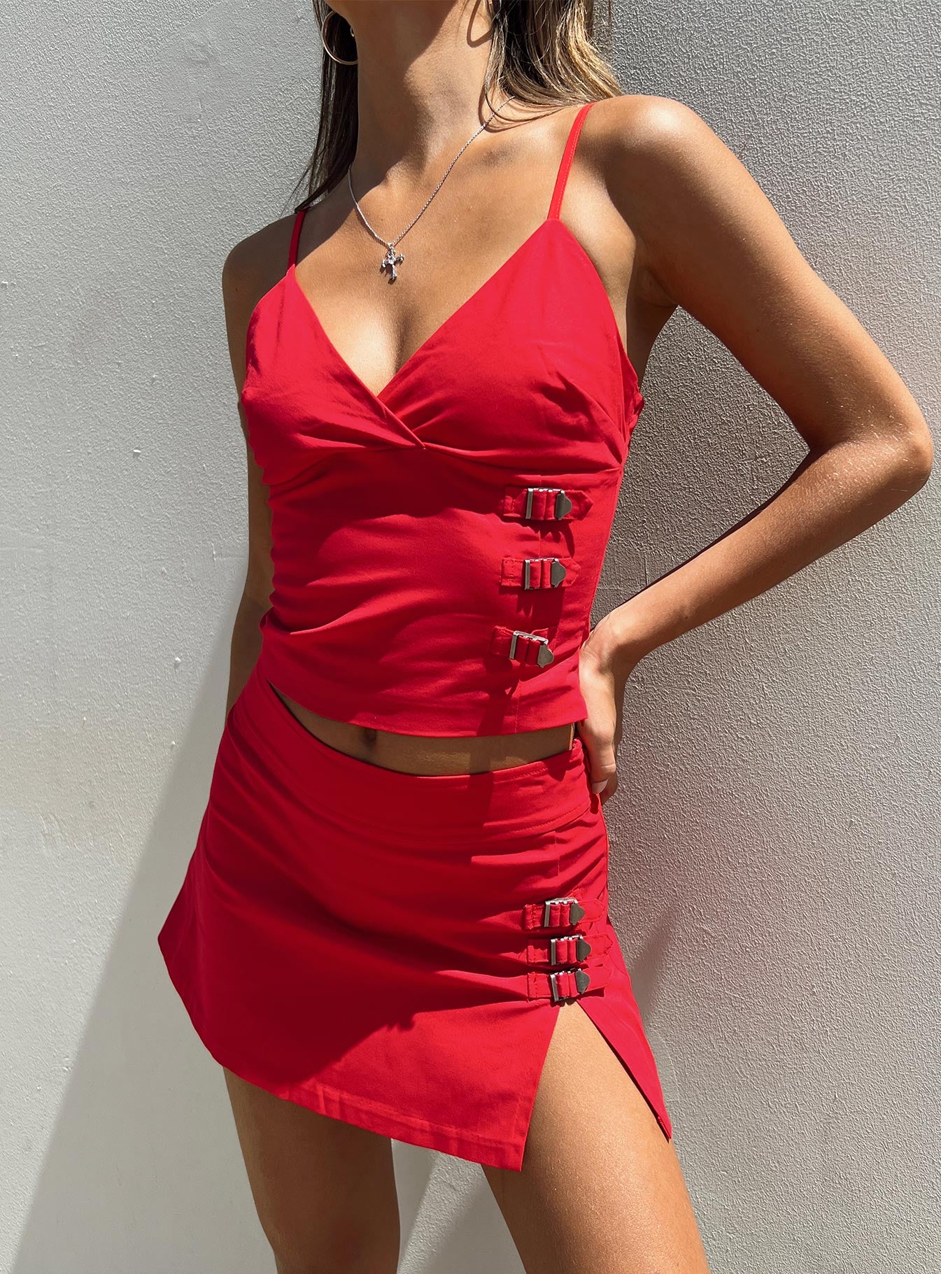 Front view of model wearing  front Back 2k Mini Skirt Red Princess Polly  Mini Skirts 