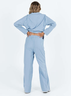 Blue matching set Soft brushed material Long sleeve shirt Lapel collar Button fastening at front Pants Elasticated waistband Straight leg Non-stretch Unlined