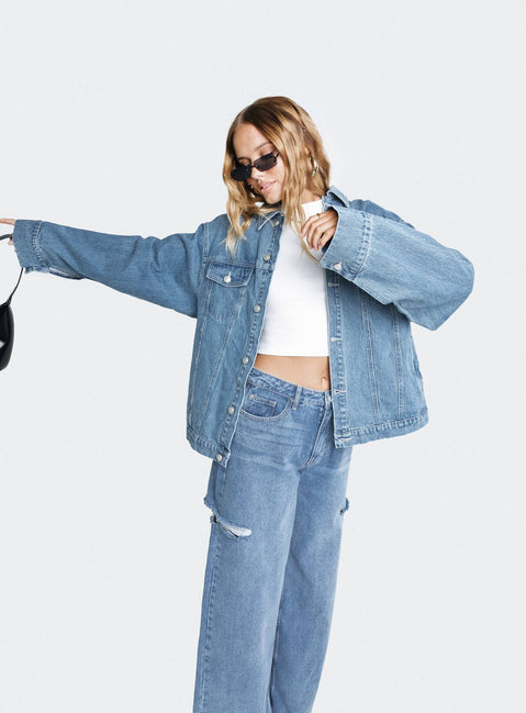 Blue denim jacket Mid wash denim Pointed collar Button fastening at front Twin chest pockets Single button cuff Non-stretch Unlined