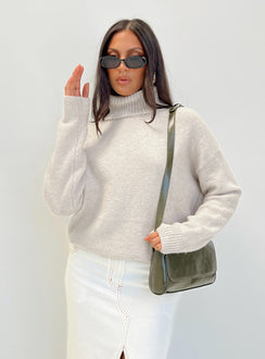 Front view of model wearing  front Oswin Turtleneck Sweater Oatmeal Princess Polly  