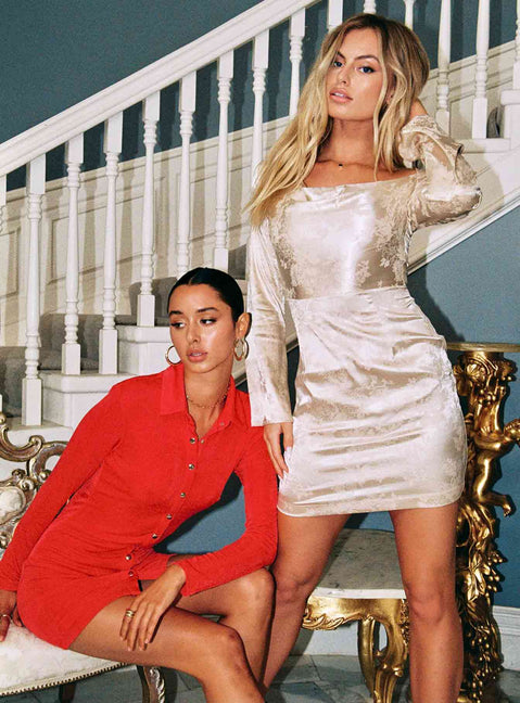 front view of model wearing Princess Polly Elody Long Sleeve Mini Dress Red 