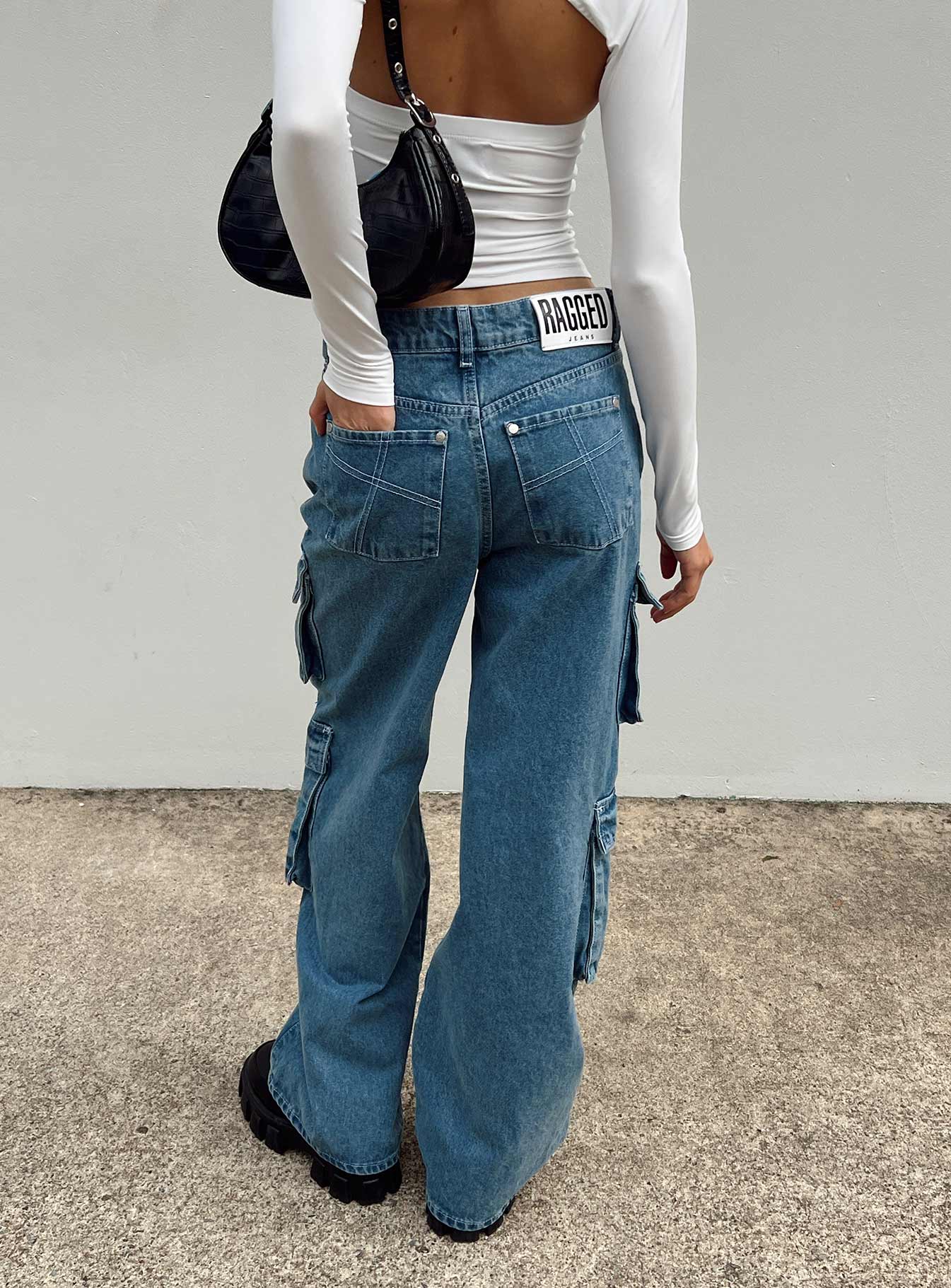 product Princess Polly Mid Rise  The Ragged Priest Mid Blue Combat Jeans Organic Cotton Mid Blue