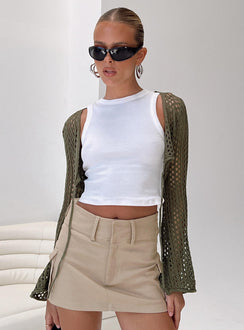 front view of model wearing Princess Polly Savi Long Sleeve Cardigan Green Cropped 