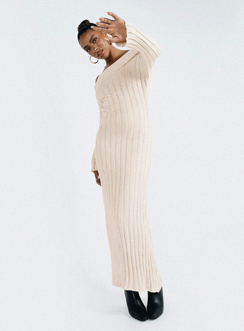 product Princess Polly Crew Neck  Lefler Off The Shoulder Maxi Dress Beige