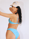 Blue bikini top Towelling material  Check print  Adjustable shoulder straps  Clasp fastening Removable padding 