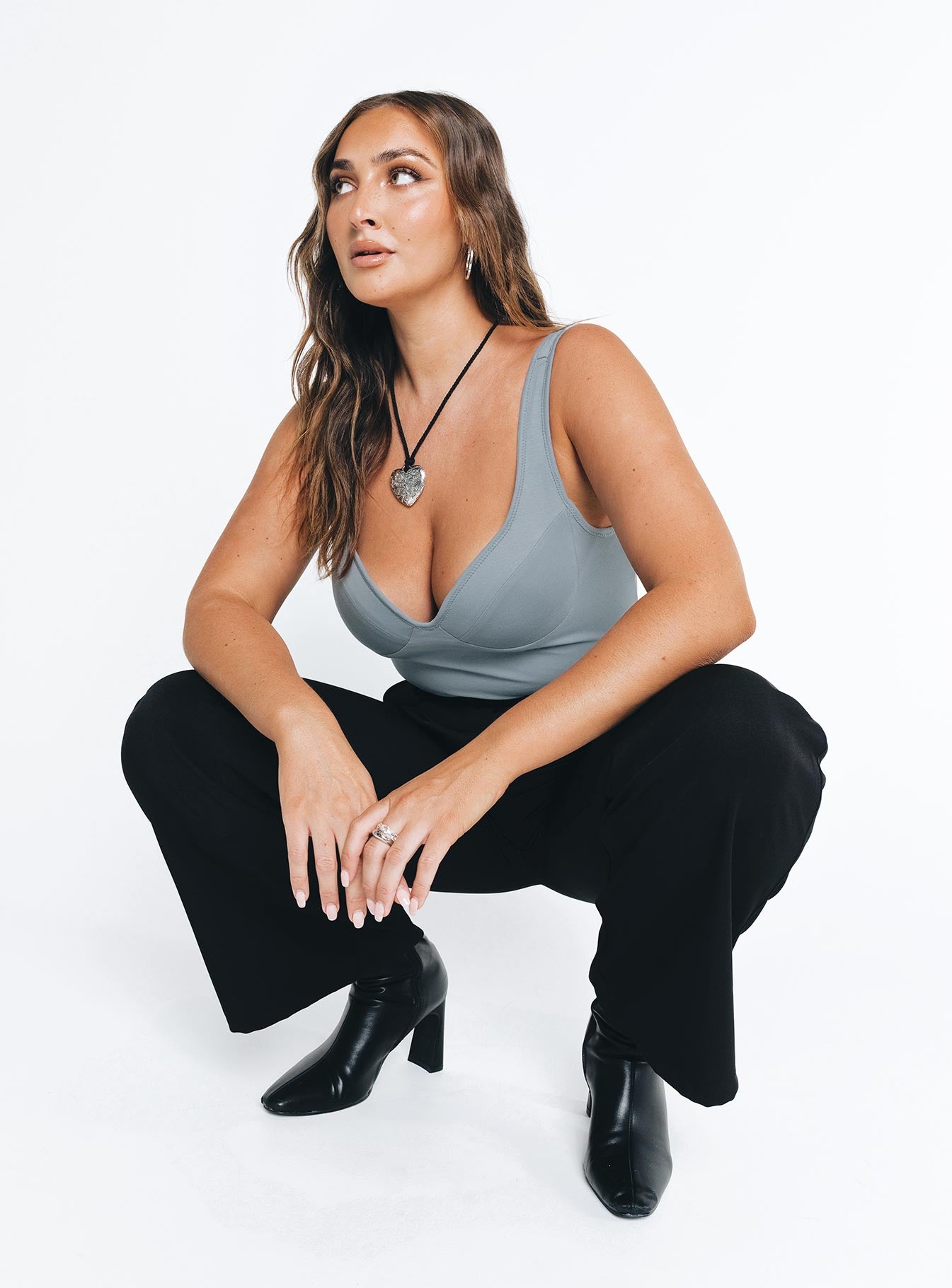 back view of model wearing Princess Polly Wilana Bodysuit Grey Sleeveless Sweetheart 