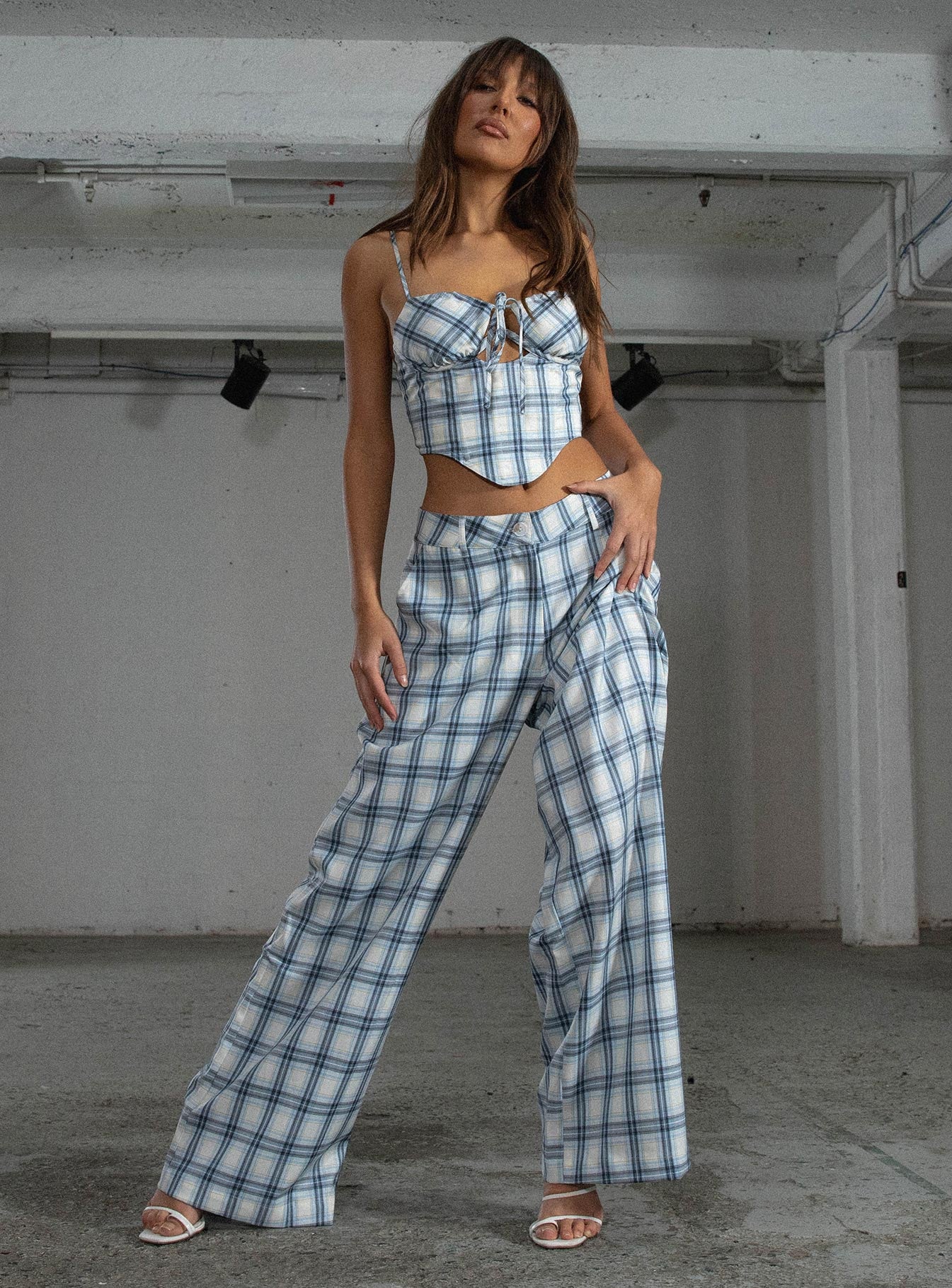 Front view of model wearing  front Princess Polly High Waisted Pants  JGR & STN Cami Plaid Trouser Blue Check