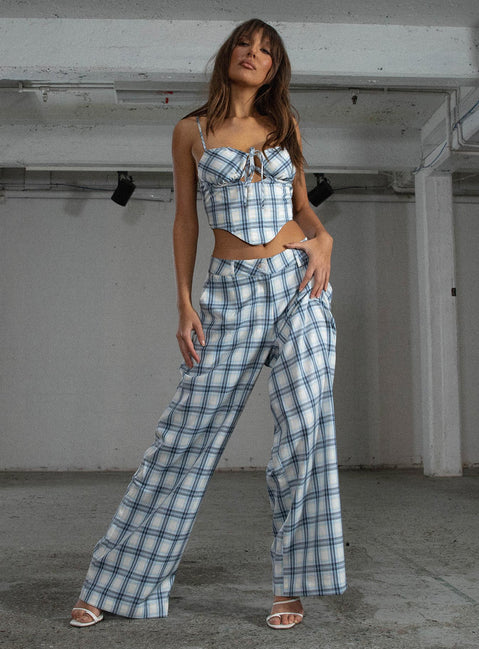 Front view of model wearing  front Princess Polly High Waisted Pants  JGR & STN Cami Plaid Trouser Blue Check