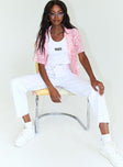 front view of model wearing Princess Polly Ziggy Short Sleeve Shirt Pink 